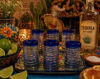 Hand Blown Glass Tequila Shot Cups: Blue Swirl Texture, Set of 6