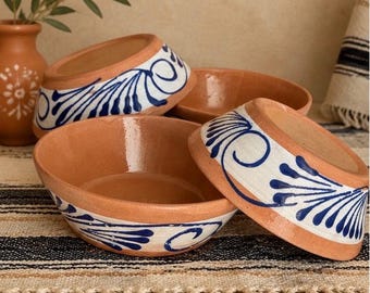 Authentic Mexican terracotta bowls 4pc set - talavera - Platos de barro azul talavera