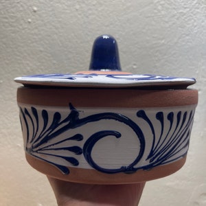 Mexican handmade terracotta/ceramic/blue talavera design tortillero/tortillero de barro