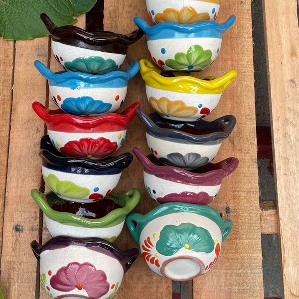 Mexican hand made hand painted pottery 4”-cazuelita bowls assorted colors- saleros de barro hechos a mano