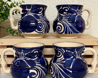 Mexican Ceramic. Talavera Coffee Mugs. Mexican Gift. 4pc set. Ceramica Guanajuato. White and Blue Coffee Mugs