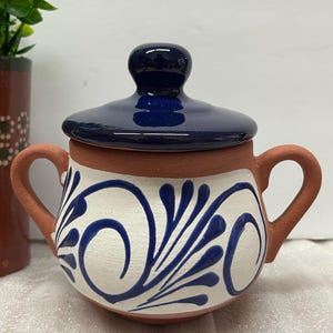 Handmade pottery Mexican ceramic canister/sugar bowl with lid 5.5”/azucarerode barro con tapa/barro Talavera/blue design barro