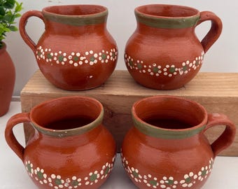 Mexico Handmade rustic pottery Tonala mug.jarrito de barro rustico. 4pc set red clay mugs.