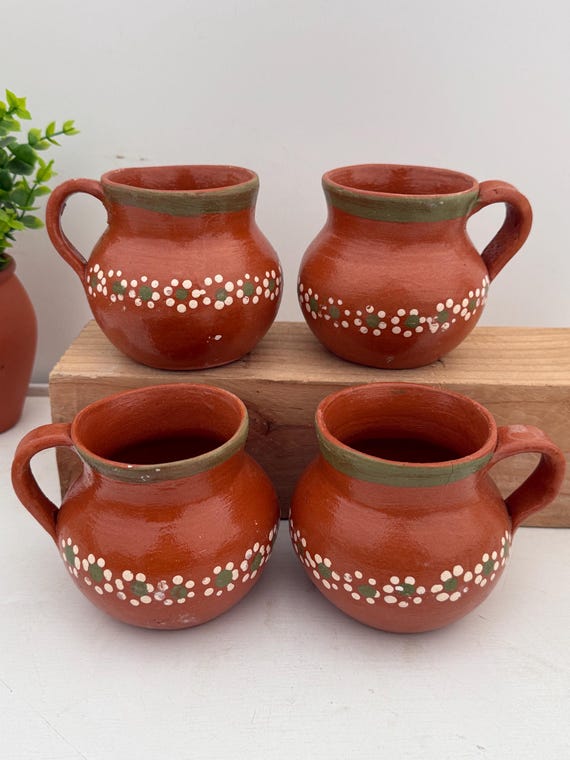 Mexico Handmade rustic pottery Tonala mug.jarrito de barro rustico. 4pc set red clay mugs.