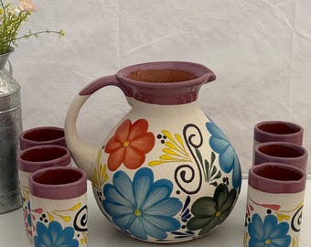 Handmade Mexican Pottery Pitcher & Cup Set - Floral Design, 7pc
