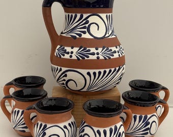 Handmade Mexican Clay Pitcher & Mug Set White/Navy Blue – Housewarming Gift