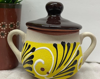 Handmade Mexican Pottery Canister with Lid: Sunny Yellow Ceramic Azucarera