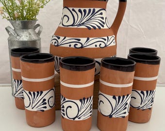 Handmade Mexican Terracotta Pitcher and Cup Set, Agua Fresca, 7pc