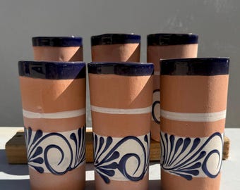Mexican pottery white/blue talavera design cocktail ceramic cups 6pc set