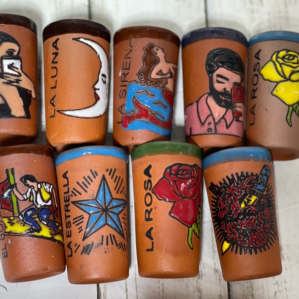 On Sale! Hand made clay loteria glass tequila shot assorted tittles - cantarito loteria
