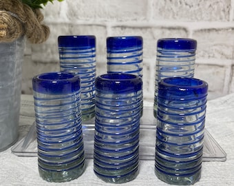 Hand Blown Glass Tequila Shot Cups: Blue Swirl Texture, Set of 6