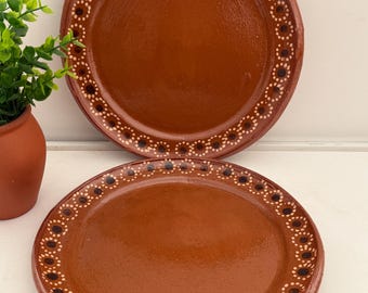 Mexican hand made rustic red clay black flower dinner plates 10” Plato de barro 2pc, Red clay terra cotta dinner plates.