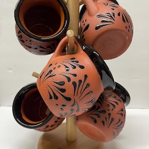 Jarrito de barro negro Talavera, 6 piezas jarrito de barro negro plumeado. Jarrito cafetero. Jarrito de barro mexicano negro. Cerámica Mexicana -