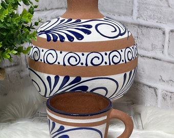 Handcrafted Talavera Terracotta Water Jug with Cup - Mexican Pottery