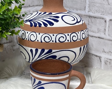 Handcrafted Talavera Terracotta Water Jug With Cup - Mexican