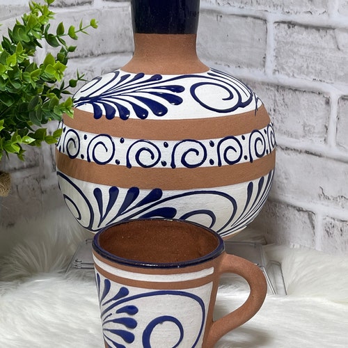 Handcrafted Talavera Terracotta Water Jug With Cup - Mexican