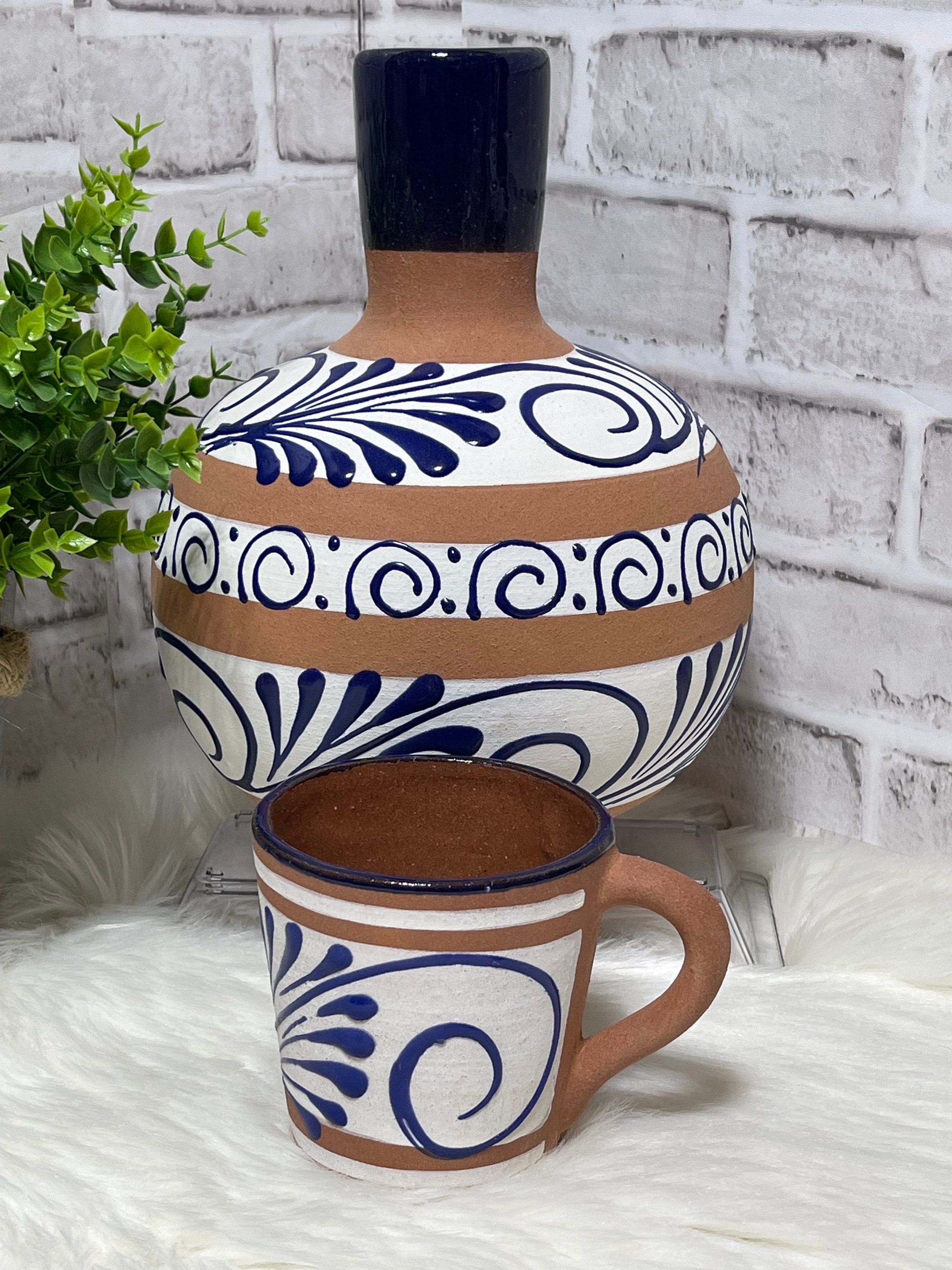Handcrafted Talavera Terracotta Water Jug With Cup - Mexican