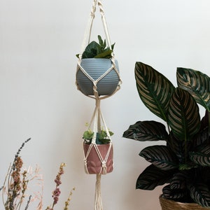 May include: A white macrame plant hanger with two pots, one grey and one pink, hanging from it. The hanger is attached to a white wall and there is a green plant in each pot.