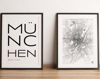 Set of 2 city posters Munich I city map & lettering I new and high quality!