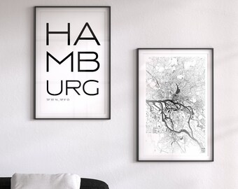 Set di 2 City Poster Hamburg I City Map & Lettering I Nuovo e di alta qualità!