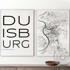 Conjunto premium de 2 pôsteres da cidade de Duisburg I, mapa da cidade e letras, impressão de qualidade I e clima neutro