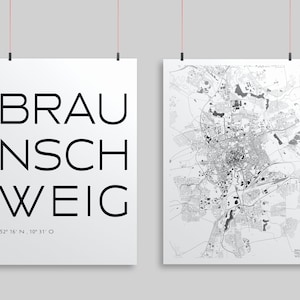Juego premium de 2 carteles de la ciudad Braunschweig I Mapa de la ciudad y letras I Impresión de calidad y climáticamente neutral