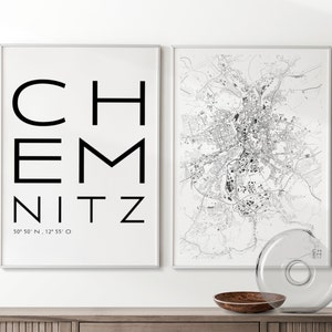 Juego Premium de 2 Carteles de la Ciudad Chemnitz I Mapa de la Ciudad y Letras I Impresión de Calidad y Climáticamente Neutral