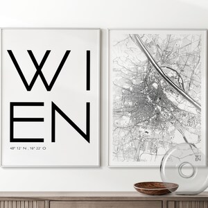 Conjunto premium de 2 pôsteres da cidade de Viena I, mapa e letras da cidade, impressão de qualidade I e clima neutro