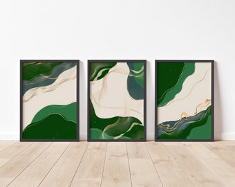 3Er Poster Set Art Deco Emerald Green - Gold Linear - Scandinavian Wall Art - Organic Wall Art - Abstract