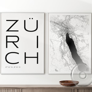 Premium Set de 2 City Poster Zurich I City Map & Lettering I Impression de qualité et climatiquement neutre