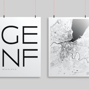 Premium Set de 2 City Poster Geneva I City Map & Lettering I Impression de qualité et climatiquement neutre