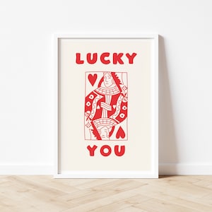 Poster Playing Card Queen Heart - Lucky You - Poster Vintage - Retro Poster - Aesthetic Wall Art - Card Art