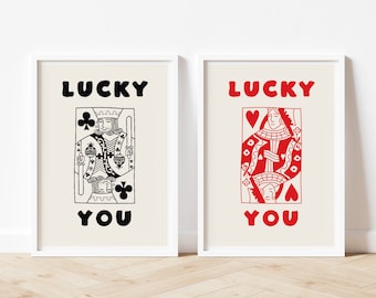 2Er Poster Set Heart Queen and Cross King "Lucky You" - Retro Poster - Poster Vintage - Poster Playing Card - Card Art - Contemporary