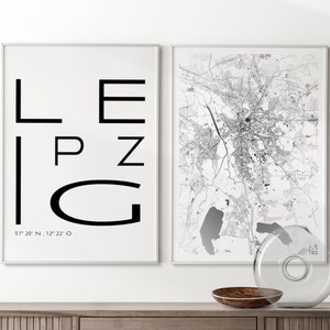 Juego premium de 2 carteles de la ciudad Leipzig I Mapa de la ciudad y letras I Impresión de calidad y climáticamente neutral
