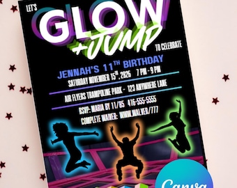 May include: A black party invitation with the text "GLOW + JUMP" and event details. The invitation includes silhouettes of people jumping, and the Canva logo. The invitation is for Jenna's 11th birthday.
