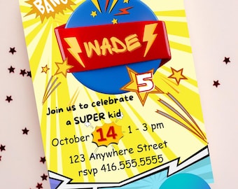 Invitación a fiesta de cumpleaños con temática de superhéroe