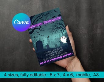 Può includere: Un biglietto d'invito Halloween Spooktacular tenuto in mano. La carta presenta una scena spettrale del cimitero con pipistrelli, alberi e un fantasma. Il testo include i dettagli dell'evento e le informazioni RSVP. Il logo Canva è visibile.