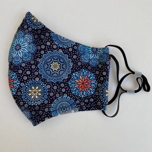 Blue Medallion Fitted Face Mask - nose wire, filter pocket, adjustable. 100% cotton