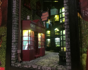 Rincón de libros, estantería, inserción, Callejón mágico, decoración de biblioteca, FINAL DE LIBROS, decoración en miniatura entre libros, diorama de estantería, Callejón mágico