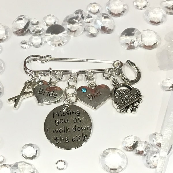 Dad Or Mum Bride Something Blue Memorial Silver Plated Charm Pin In Loving Memory ‘Missing You As I Walk Down The Aisle’ Wedding Day Gift