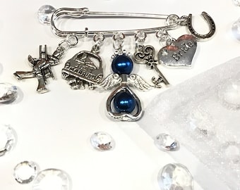 Bride Wedding Day Something Blue Guardian Angel Silver Plated Charm Pin Traditional Good Luck Chimney Sweep Bridal Bouquet Keepsake Gift