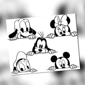 Könnte beinhalten: Schwarz-Weiß-Illustration mit fünf Disney-Charakteren: Goofy, Minnie Maus, Mickey Maus, Donald Duck und Pluto. Jeder Charakter schaut über eine weiße Oberfläche. Das Bild hat einen klaren Cartoon-Stil mit deutlichen Konturen.