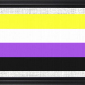 May include: A framed print of the non-binary pride flag. The flag has four horizontal stripes: yellow, white, purple, and black.