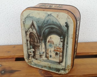 Vintage Tin Box Saturnus, Made in Yugoslavia / Trogir Radovan Church motif by Vladimir Kirin / 1960s Tin Container