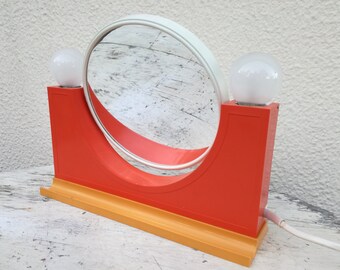 1970s Make-up Mirror with Lights / 70s Bathroom Tabletop Mirror, Made in Yugoslavia / Vintage Orange Plastic Space Age Mirror