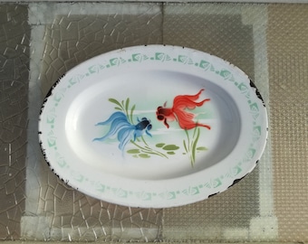 Bandeja de servicio esmaltada vintage, cosecha de parachoques China / Esmalte de la década de 1960 / Bandeja de esmalte vintage con motivo floral