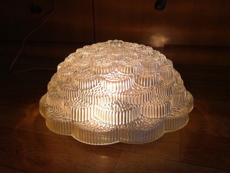 May include: A clear glass ceiling light fixture with a textured, flower-like design. The light is on and illuminating the room.