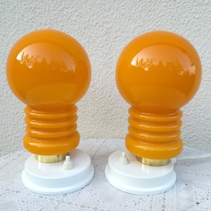 1970s Space Age Table Lamps / Pair of Vintage Orange Glass Bedroom Lamps / 70s Lighting / Mid Century Modern Lighting