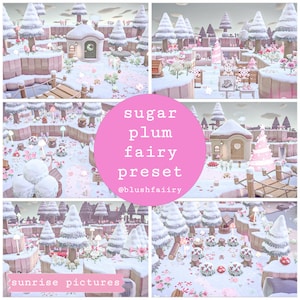 Puede incluir: Una escena de isla Animal Crossing invernal con un esquema de color rosa y blanco. La isla presenta un camino nevado, una pequeña casa, un árbol de Navidad y una variedad de árboles y flores. El texto "sugar plum fairy preset" se muestra en un círculo rosa.