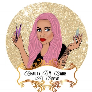 Puede incluir: Un logotipo para un negocio de belleza llamado "Beauty By Barb At Revive". El logotipo presenta a una mujer de dibujos animados con cabello rosado sosteniendo una jeringa y unas pinzas. El fondo es un patr&oacute;n de purpurina dorada.